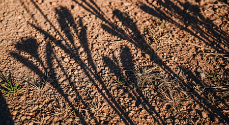 Long, sharp shadows of plants are cast across a surface of dry, reddish-brown soil mixed with gravel. The interplay of light and shadow creates a high-contrast, abstract natural pattern on the textured ground.の素材