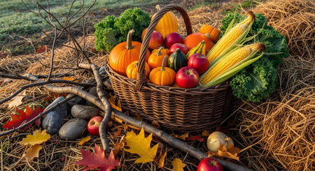 A woven wicker basket overflows with a bountiful autumn harvest, including orange pumpkins, corn cobs, and red apples. The arrangement sits on a bed of hay and fallen leaves, evoking the spirit of Thanksgiving and the fall season.の素材