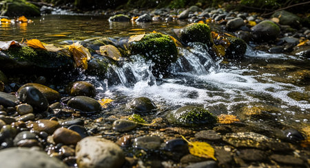 Fresh water cascades over moss-covered rocks in a forest stream, accompanied by fallen yellow autumn leaves. The close-up shot captures the dynamic motion of the water and the vibrant colors of the season.の素材