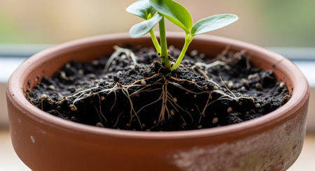 A young green seedling grows in a terra cotta pot, with its delicate white root system visible on the soil surface. This close-up illustrates the fragile early stages of plant life and the importance of strong roots.の素材