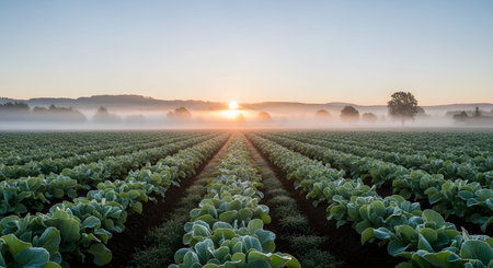 Perfectly aligned rows of green leafy vegetables, likely cabbage, stretch across a farm field covered in low-lying morning mist. The sunrise in the background adds a warm, hopeful glow to the productive agricultural scene.の素材