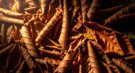 A top-down texture shot of dry, brown autumn leaves that have curled and rolled up. The warm lighting highlights the brittle texture and natural patterns of the fallen foliage.の素材