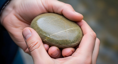 A close-up of two hands gently holding a smooth, wet river stone. The image conveys a sense of mindfulness, connection to nature, and the simple tactile beauty of natural objects.の素材