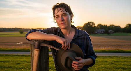 A female farmer taking a break, leaning against a wooden fence post with a pickaxe nearby during sunset. Her expression shows fatigue but satisfaction after a long day of agricultural work.の素材