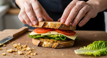 Hands carefully place a slice of bread onto a sandwich filled with lettuce, cheese, and tomato on a wooden cutting board. The image depicts the preparation of a fresh, healthy homemade lunch.の素材