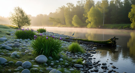 A serene river landscape at sunrise featuring mist rising from the water, blooming purple irises on the rocky bank, and a heron standing near a fallen log. The scene captures the quiet beauty of a morning in nature.の素材