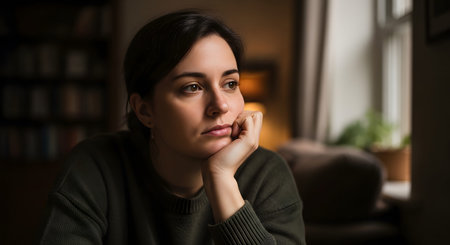 A young woman sits by a window, resting her chin on her hand with a pensive expression. The soft natural light highlights her face as she looks outside, conveying a sense of contemplation or melancholy.の素材
