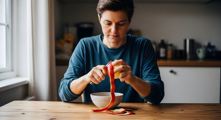 A woman sits at a wooden table in a kitchen, carefully peeling a red apple with a small knife. The long, continuous peel spirals down as she focuses on the task, representing healthy eating and simple home food preparation.の素材