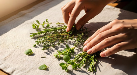 Close-up of hands carefully arranging fresh herbs, including rosemary and thyme, on a textured linen cloth. The image highlights organic ingredients, culinary preparation, and the beauty of natural food.の素材