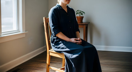 A woman in a blue dress sits calmly on a wooden chair in the middle of an empty room with sunlight streaming through a window. The minimalist setting evokes feelings of solitude, waiting, or meditation.の素材