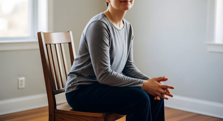 A woman dressed in a grey long-sleeved shirt sits on a classic wooden chair, her hands clasped in her lap. The minimalist indoor setting and her relaxed posture suggest a moment of waiting, listening, or quiet patience.の素材