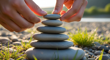 Hands carefully balance a smooth grey stone on top of a stack, creating a zen cairn near a riverbank. The image represents mindfulness, balance, patience, and the peaceful art of stone stacking in nature.の素材