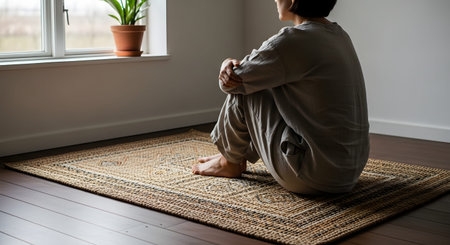 A woman sitting on a woven rug, hugging her knees and looking out a window in a minimalist room. The image conveys themes of solitude, reflection, pensive waiting, or perhaps a moment of sadness.の素材