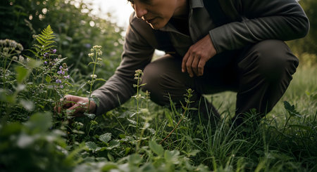 A person crouches low in a grassy field to closely examine wild plants and herbs. The image depicts themes of foraging, botany, environmental study, and connecting with the natural world.の素材