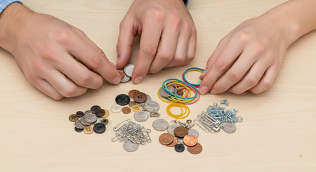 Hands carefully sort various small objects including coins, buttons, safety pins, rubber bands, and screws into distinct piles on a light wooden table. The image represents organization, attention to detail, classification, and tidiness.の素材
