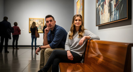 A couple sitting on a wooden bench in an art museum, looking thoughtfully at the paintings on the wall. The scene represents cultural appreciation, leisure, and shared interests.の素材