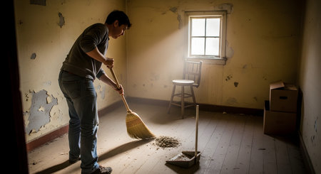 A man sweeps a pile of dust on a wooden floor in an empty, dilapidated room. Sunlight streams through a window, illuminating the dust particles and the cleaning activity during a renovation.の素材