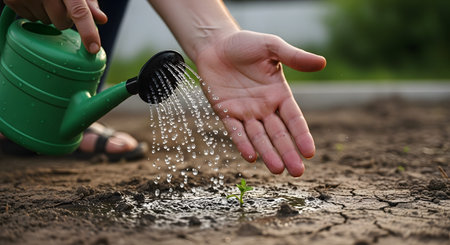 A person watering a small green seedling growing in dry cracked soil using a green watering can. The image symbolizes hope, care, growth amidst adversity, and environmental conservation.の素材