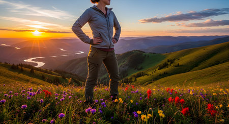 A female hiker stands in a wildflower-filled meadow on a mountain top, gazing at a breathtaking sunset over a winding river valley. The scene captures the spirit of adventure, freedom, and the beauty of the great outdoors.の素材