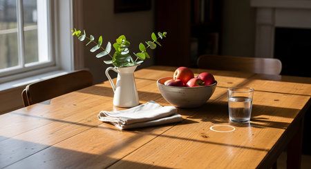A rustic wooden dining table set with a bowl of red apples a glass of water and a vase of green leaves. Sunlight streams across the surface highlighting the textures and creating a warm inviting home atmosphere.の素材