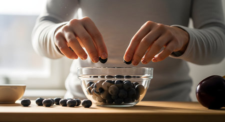Close-up of hands dropping fresh blueberries into a clear glass bowl of water to wash them. Tiny water droplets splash in the light, and a plum sits nearby on the wooden counter, depicting healthy food preparation.の素材