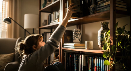 A young woman sits on the floor and reaches up to pick a book from a wooden bookshelf in a sunlit room. The scene depicts a love for reading, self-education, and a cozy, peaceful home atmosphere.の素材