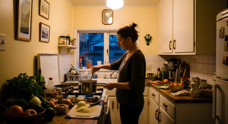 A woman stands at a stove stirring a pot in a cozy kitchen with warm lighting while evening sets in outside the window. Fresh vegetables and ingredients are spread on the counter, suggesting a home-cooked meal preparation.の素材
