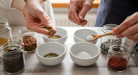 Close-up of two people's hands pinching salt and dried herbs from small white bowls to season a dish. The scene highlights the art of seasoning and using various spices in culinary preparation.の素材