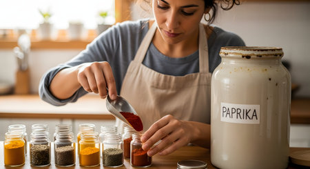 A woman carefully scoops red paprika powder from a large ceramic jar into small glass spice bottles. The scene takes place in a kitchen, emphasizing organization, cooking preparation, and pantry management.の素材