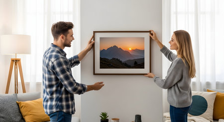 A young couple working together to hang a framed landscape photograph of a mountain sunset on a white wall in their living room. The image signifies home decoration, teamwork, and moving into a new space.の素材