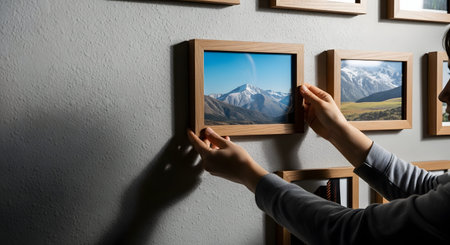 Hands carefully adjusting and straightening a wooden picture frame on a grey wall. The scene captures the process of home decoration and setting up a personal gallery.の素材