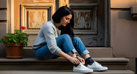 A young woman sitting on the front steps of a house, tying the laces of her white canvas sneakers. The warm sunlight suggests a pleasant day for a walk or outing.の素材