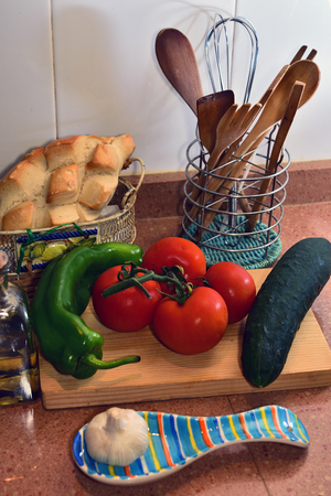 Still life with ingredients to make Andalusian gazpachoのeditorial素材