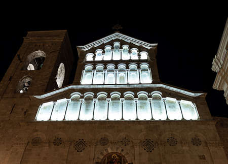 CAGLIARI, SARDINIA, ITALY - AUGUST 12 2020: Historic baroque Cathedral of Santa Maria illuminated at night with bell towerのeditorial素材