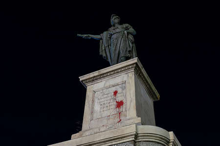 Vandalized statue of Carlo Felice of Savoy with red paintのeditorial素材