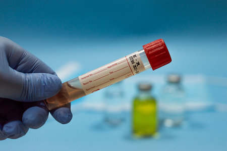 Doctor's hand with tube test for coronavirus test with blurred background with vaccines and medical mask on blue background, empty copy space areの写真素材
