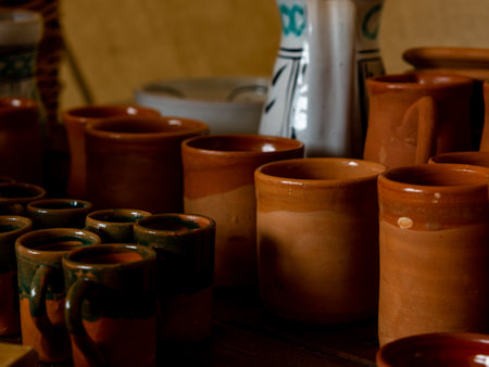 various assorted handmade pottery such as glasses and jugsの写真素材