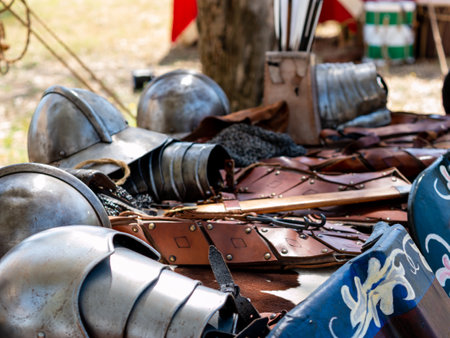medieval reenactment - artist painter's table, tools to create colors, reduce minerals to dust and materials for creating colorsの写真素材