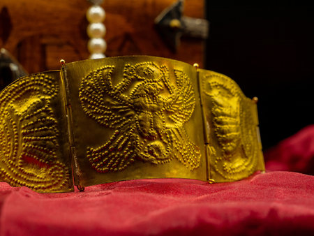 close up shot reproduction of ancient rome golden bracelet with roman eagle decoration. Treasures...