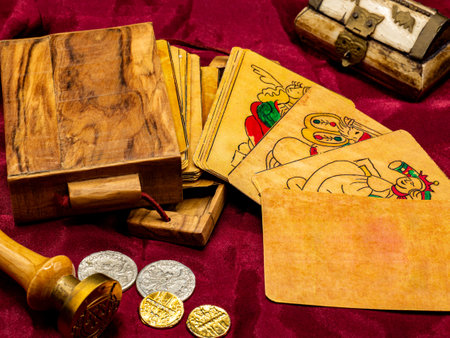 deck of medieval Italian board playing cards with a blank and white card, on the table along with coins and wooden card holder. Antiquity and european medieval board gamesの写真素材