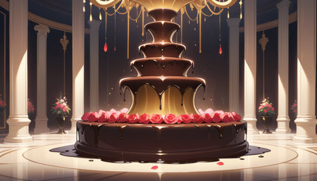illustration of a giant chocolate fountain in a luxurious and elegant setting with rose petals on the floor. Romantic and sweet moment concept for elegant event celebrationの素材