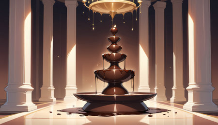 illustration of a giant chocolate fountain in a luxurious and elegant setting with rose petals on the floor. Romantic and sweet moment concept for elegant event celebrationの素材