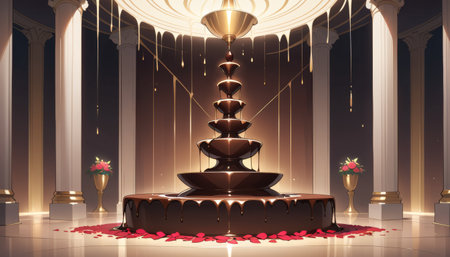 illustration of a giant chocolate fountain in a luxurious and elegant setting with rose petals on the floor. Romantic and sweet moment concept for elegant event celebrationの素材