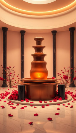 illustration of a giant chocolate fountain in a luxurious and elegant setting with rose petals on the floor. Romantic and sweet moment concept for elegant event celebrationの素材