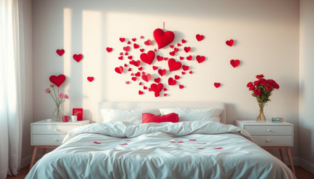an elegant bedroom decorated and colored for romantic evenings or for Valentine's Day. Concept romantic holidays and passionの素材