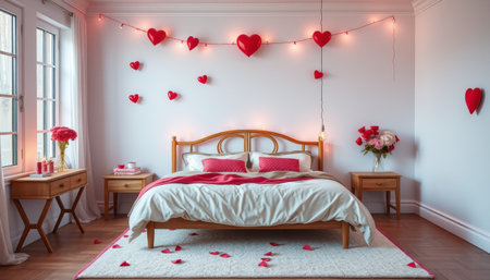 an elegant bedroom decorated and colored for romantic evenings or for Valentine's Day. Concept romantic holidays and passionの素材