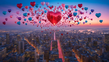 horizontal illustration of a cityscape shot from above with numerous red hearts floating in the air to represent the atmosphere of valentine's day. Concept online dating romantic city lifeの素材