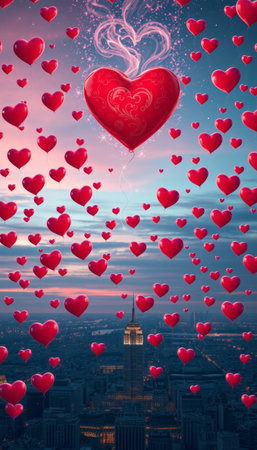 vertical illustration of a cityscape shot from above with numerous red hearts floating in the sky to represent the atmosphere of valentine's day. Concept online dating romantic city lifeの素材