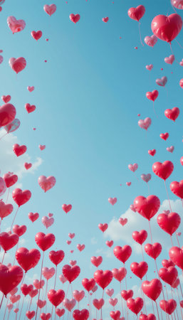 photorealistic illustration of a group of heart shaped balloons flying in the sky free to celebrate love and valentine's day holiday. Romantic valentine's day holiday concept and horizontal greeting cardの素材