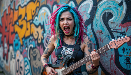 Rebel Spirit: Punk Rock Woman Screaming and Playing Electric Guitar in Front of a Colorful Graffiti Wallの素材